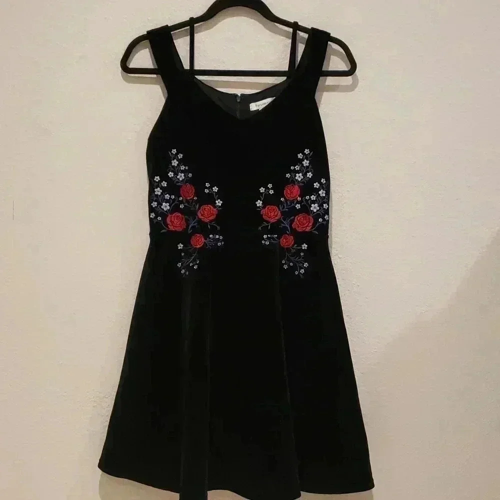 Francesca's Cocktail Mini Dress Black Velvet Embroidered